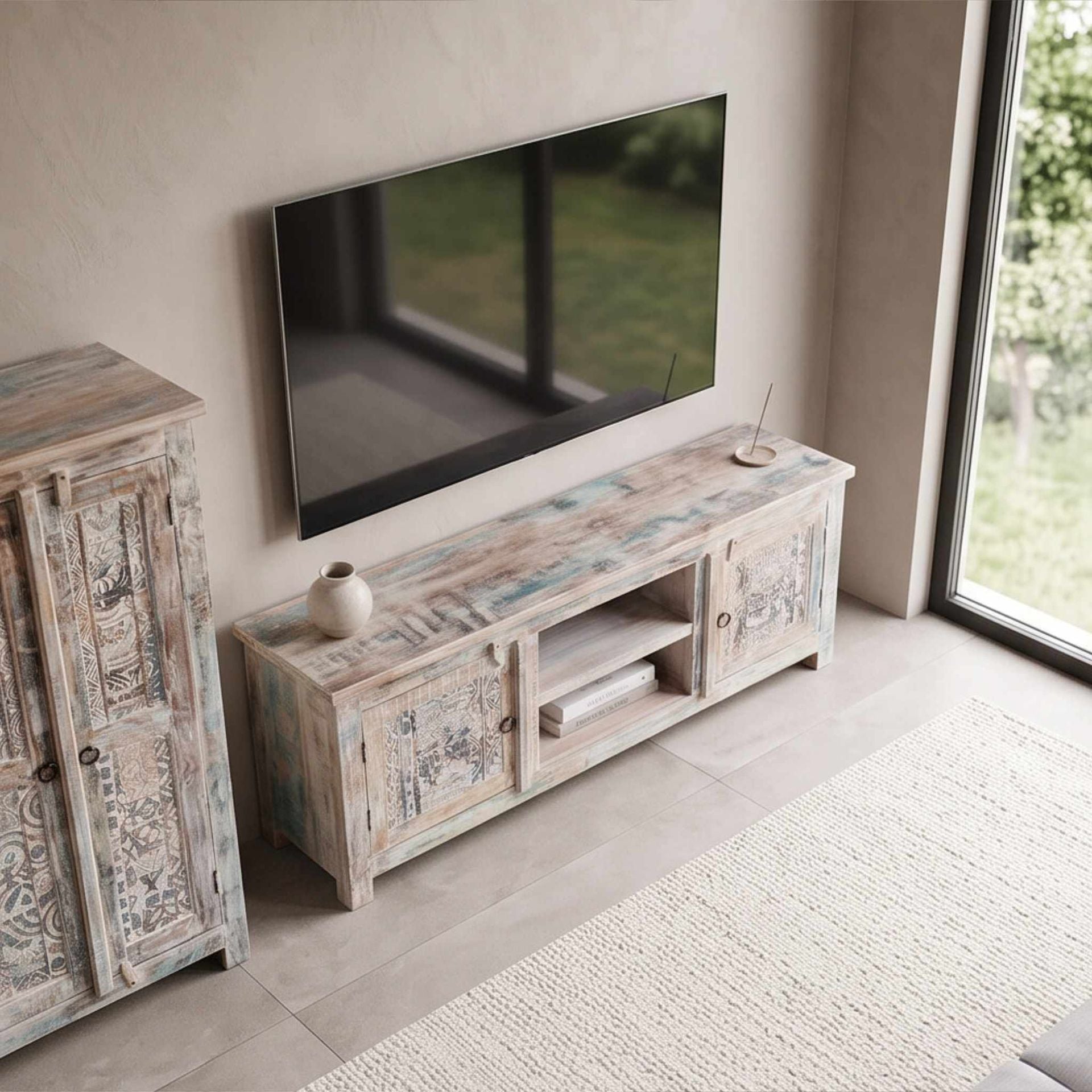 Mueble TV Alhmirah 2 puertas 160x43x60cm | Madera de Mango
