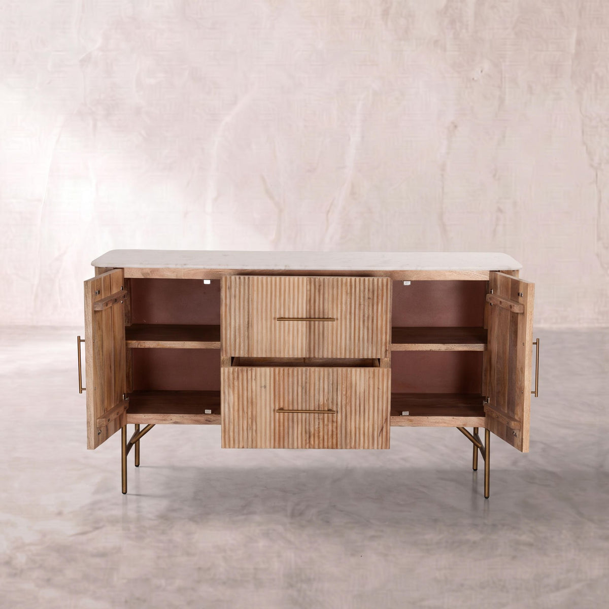 Aparador Bristol 2 Puertas / 2 cajones 150x47x84cm | Madera de Mango y Mármol Blanco | KUBU #