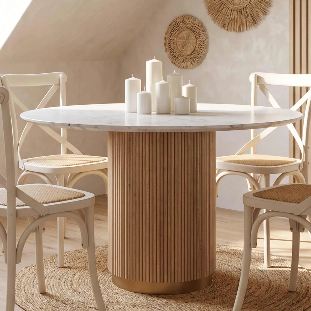 Mesa de comedor redonda Bristol Ø120cm | Madera de Mango y Mármol blanco