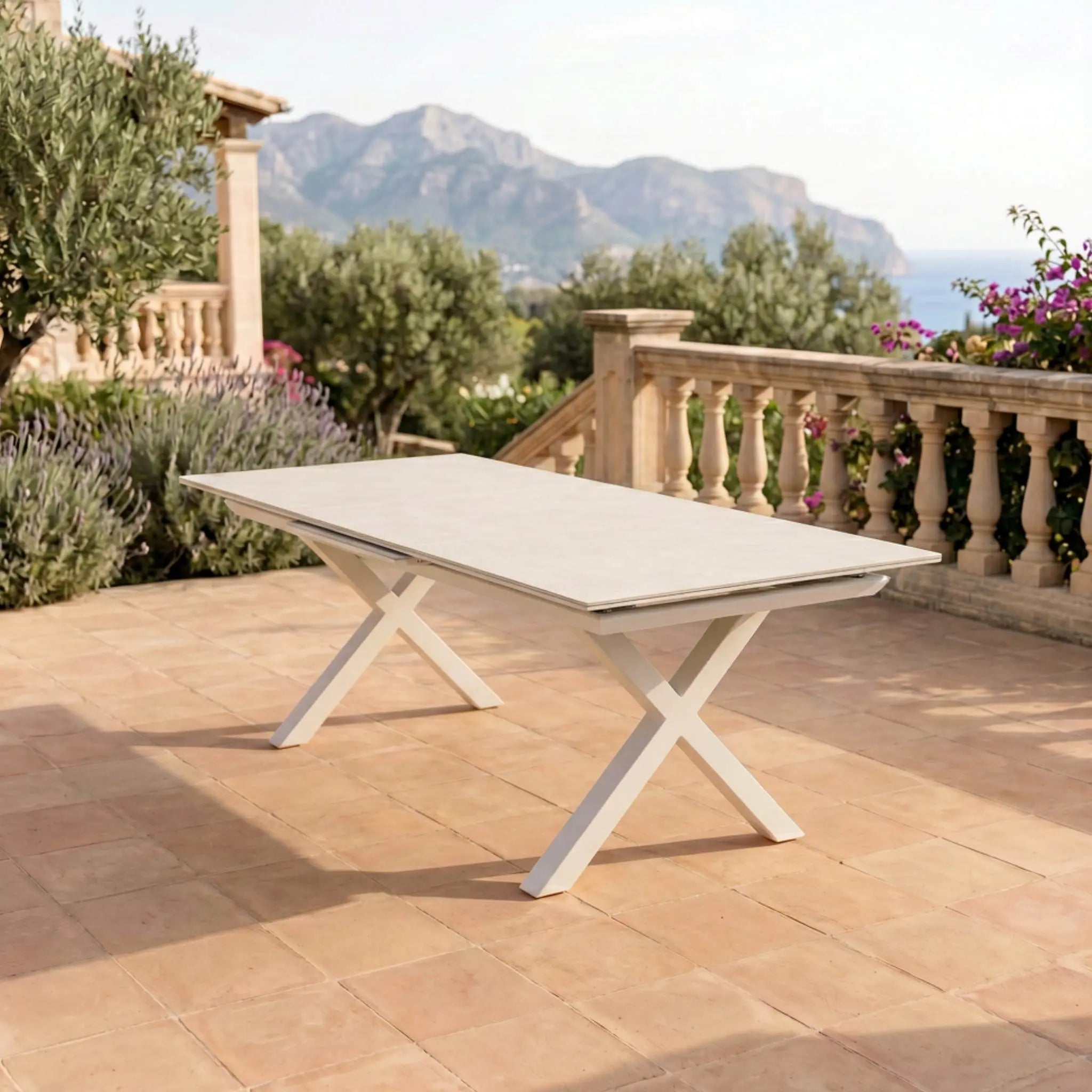 Mesa extensible Carson 100x180/240 cm aluminio blanco top mesa porcelánico gris | Kubu #