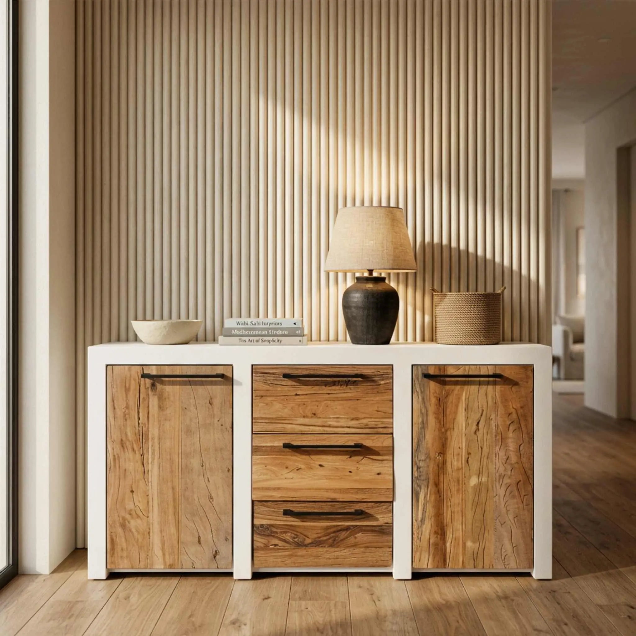 Aparador Mahón 2 Puertas / 3 cajones 150cm | Blanco Mate y Madera reciclada Acacia | KUBU #