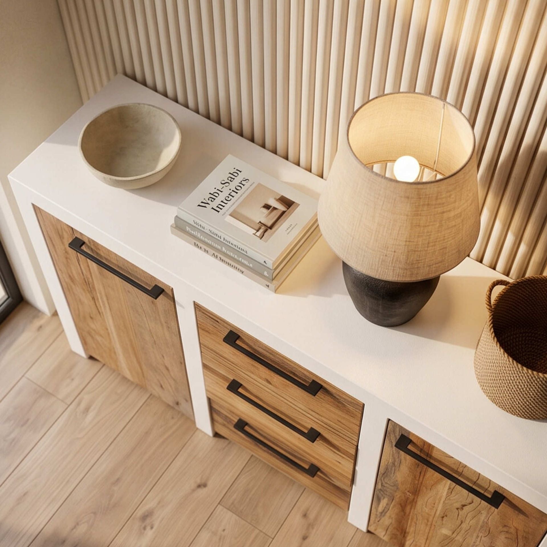 Aparador Mahón 2 Puertas / 3 cajones 150cm | Blanco Mate y Madera reciclada Acacia | KUBU #