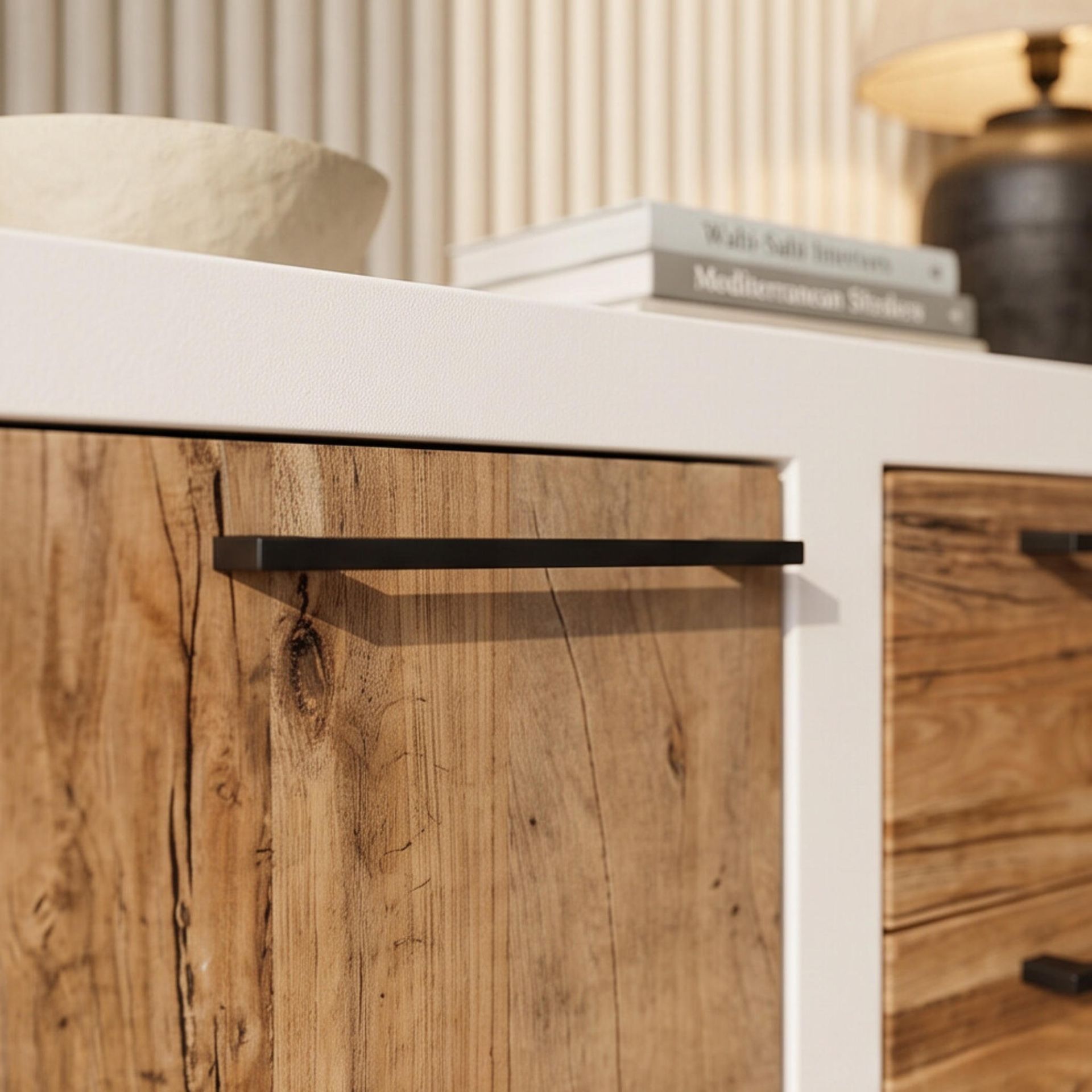 Aparador Mahón 2 Puertas / 3 cajones 150cm | Blanco Mate y Madera reciclada Acacia | KUBU #