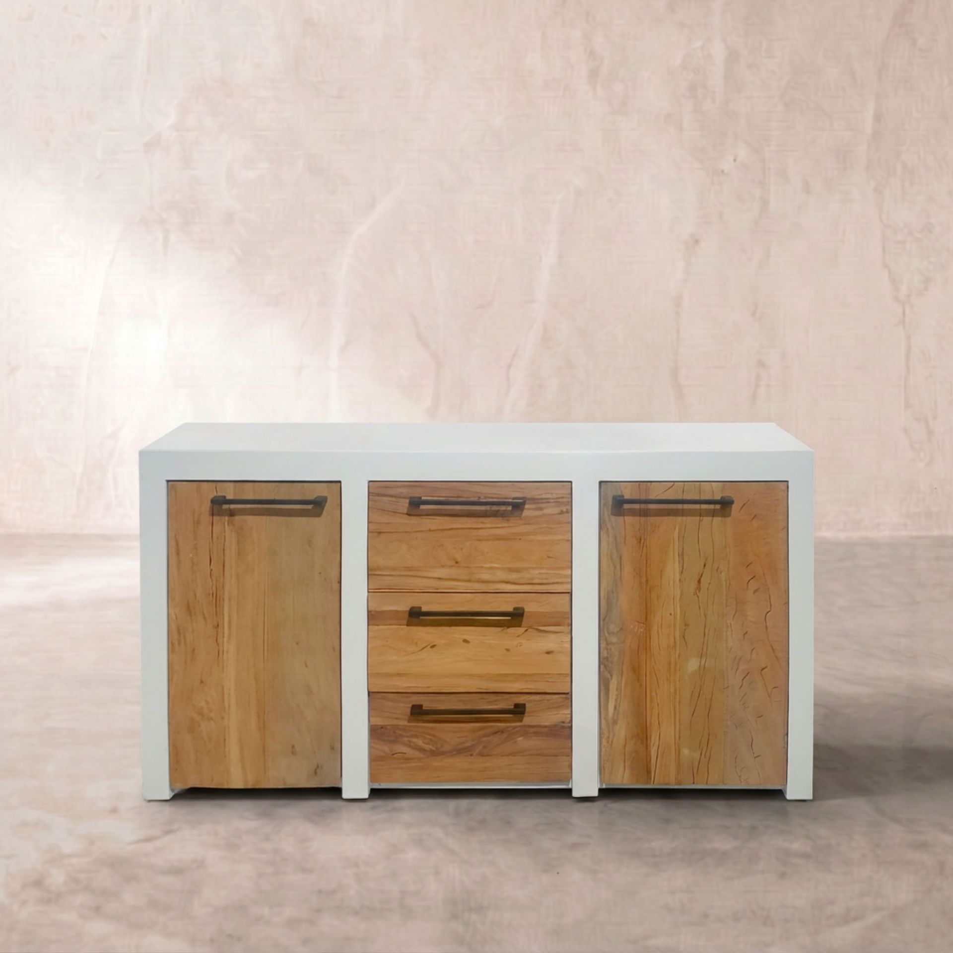 Aparador Mahón 2 Puertas / 3 cajones 150cm | Blanco Mate y Madera reciclada Acacia | KUBU #