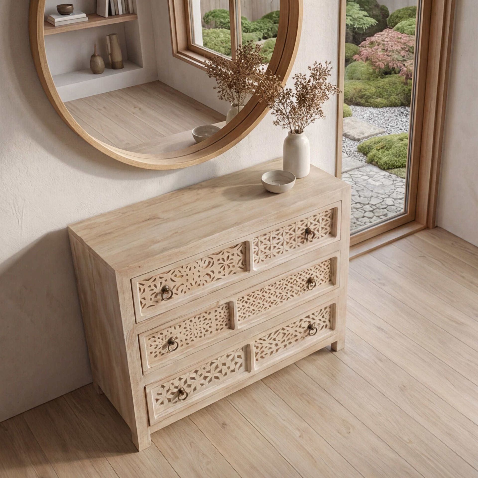 Cómoda Pawai de 3 cajones 90x40x85  | Diseño Artesanal madera de Mango | KUBU #