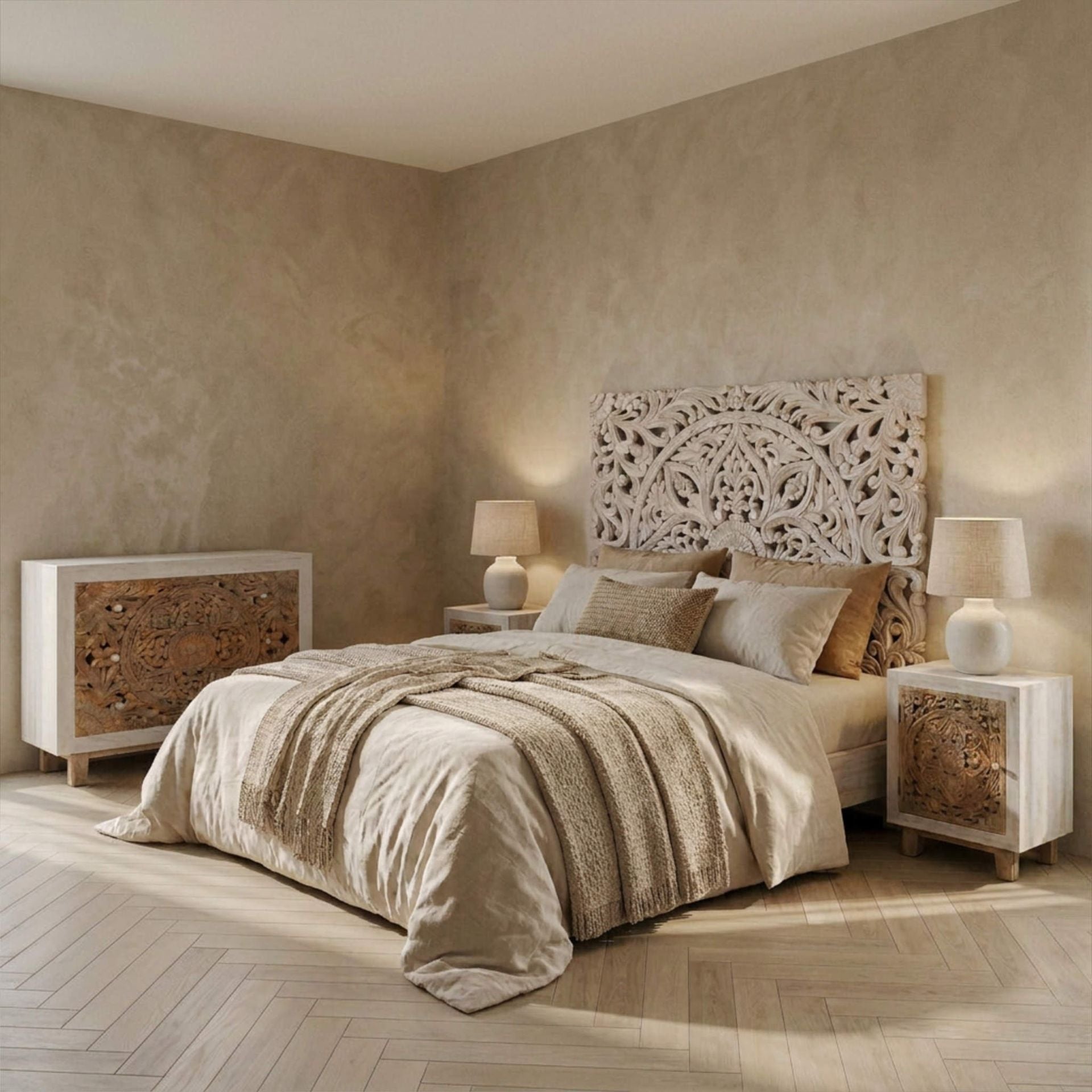 Cabecero tallado Borneo 160x150cm | Diseño Artesanal madera de Mango | KUBU #