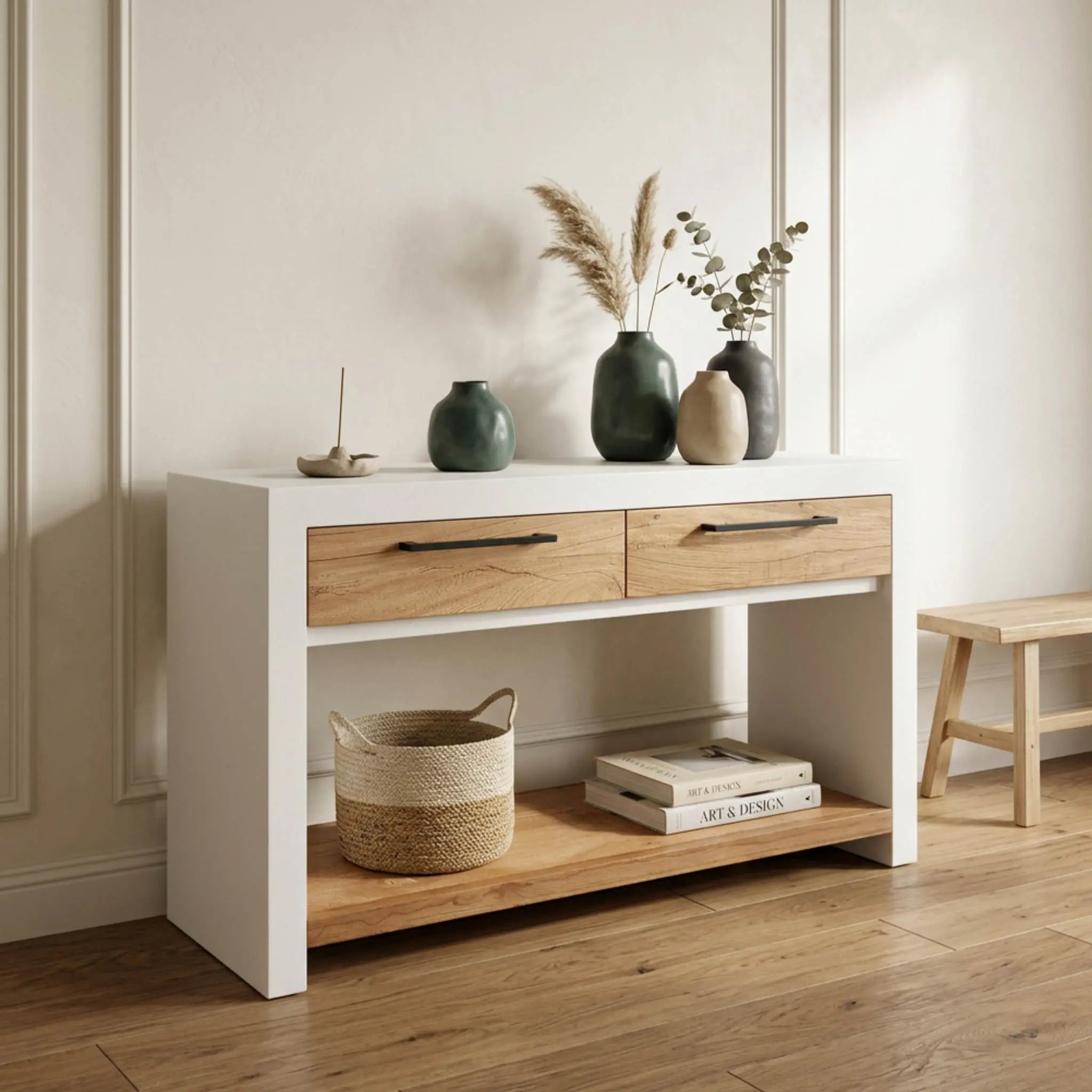 Consola recibidor Mahón 120X35X75cm | Blanco Mate y Madera reciclada de Acacia | KUBU #