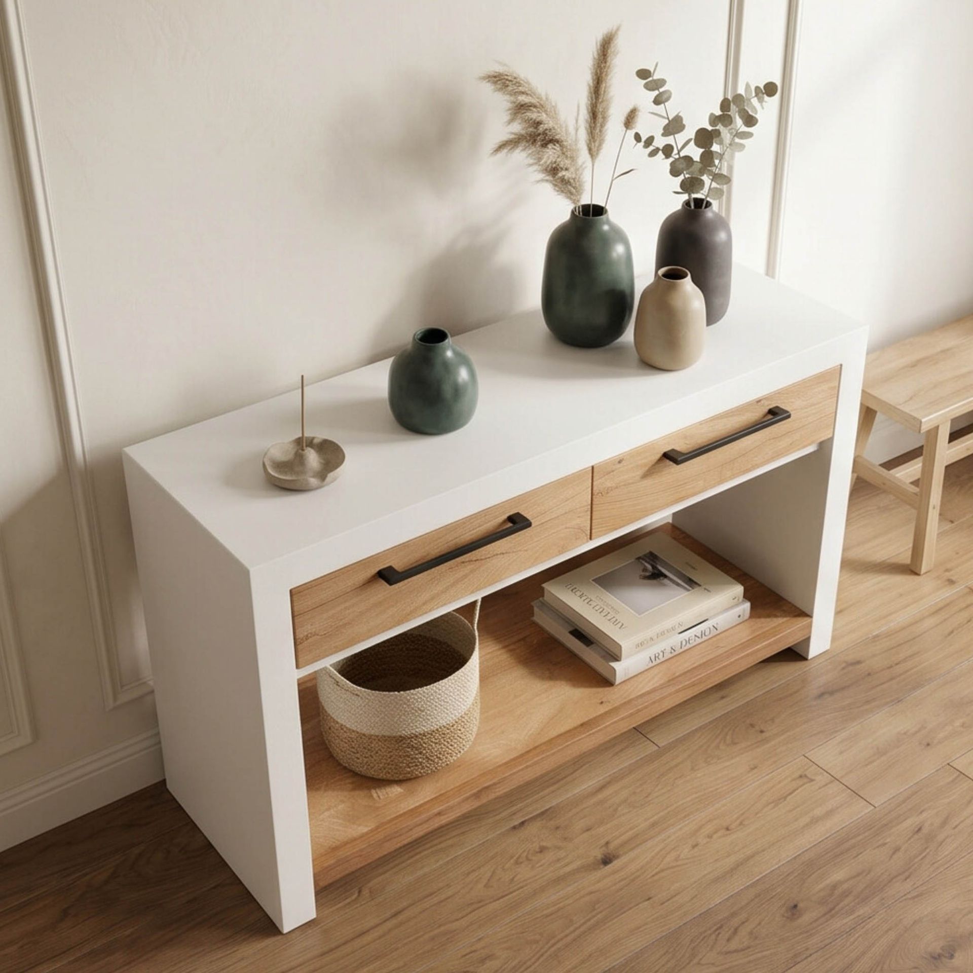 Consola recibidor Mahón 120X35X75cm | Blanco Mate y Madera reciclada de Acacia | KUBU #