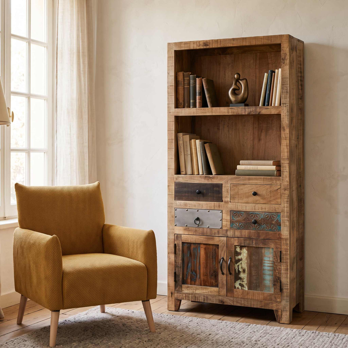 Estantería librería Korba 4 Cajones - 2 Puertas 80x40x178cm | Madera de Mango | KUBU #