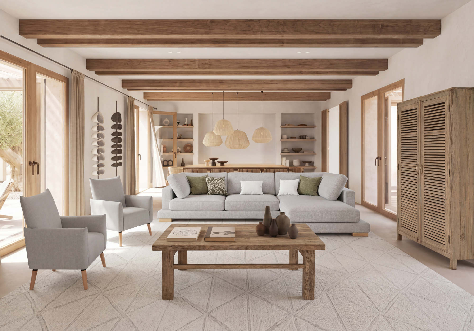 Salón de interior completamente amueblado con sofás, mesa de centro y mobiliario de diseño