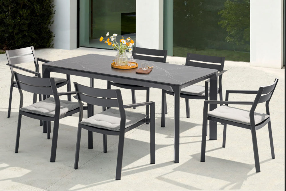 Mesa de comedor Boori 160x90 aluminio antracita top mesa porcelánico negro | Kubu #