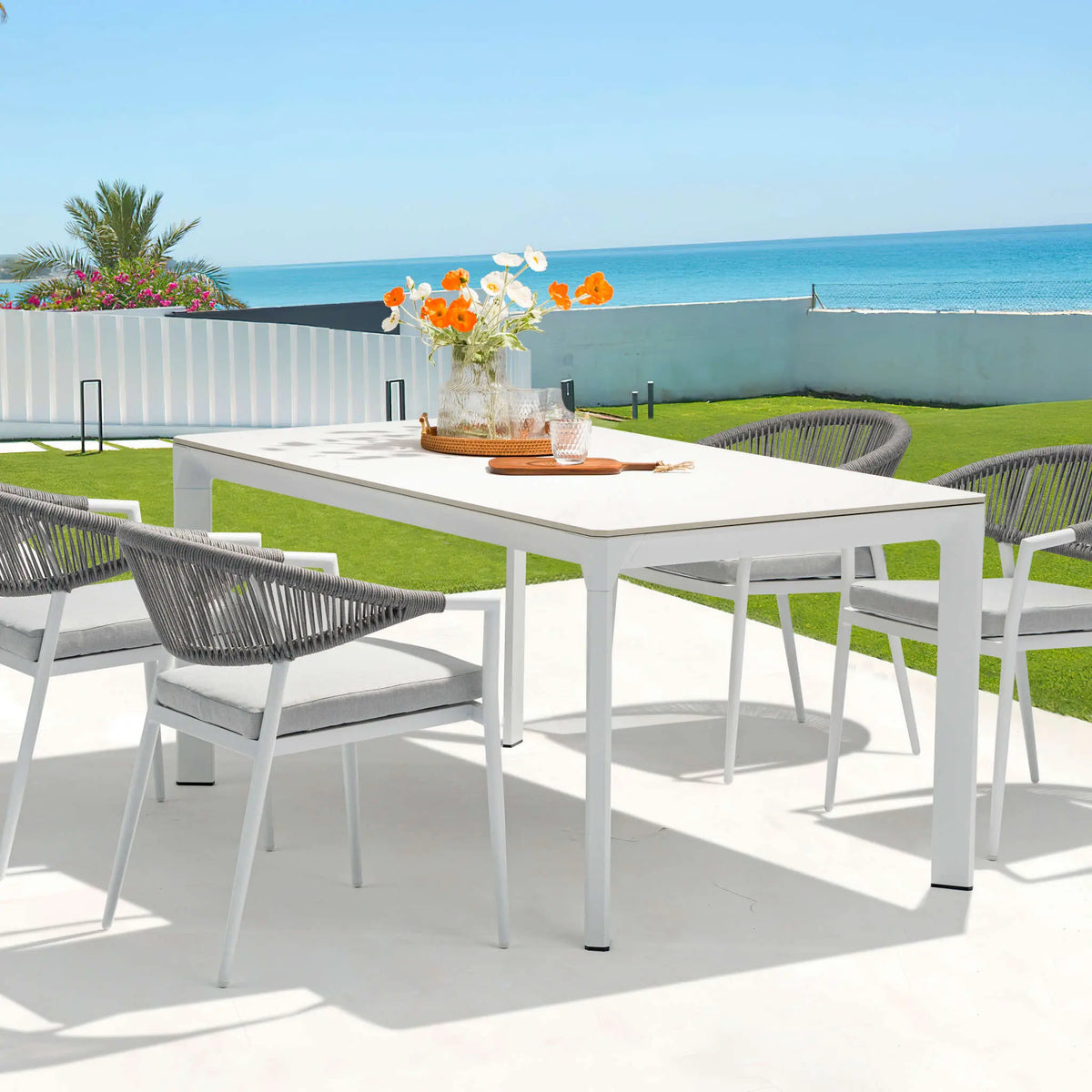 Mesa de comedor Boori 160x90 aluminio blanco top mesa porcelánico blanco | KUBU #