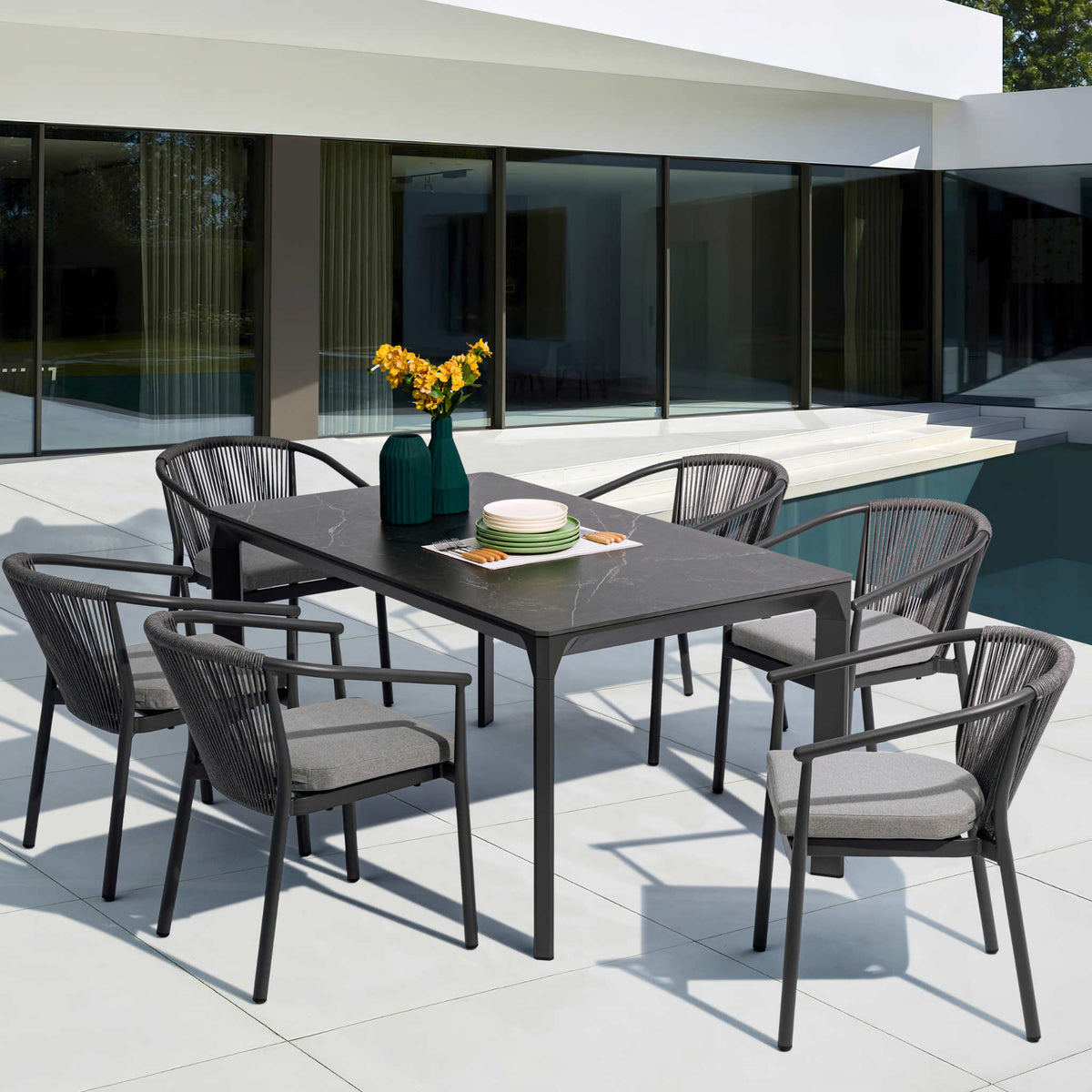 Mesa de comedor Boori 200x90 cm aluminio antracita top mesa porcelánico negro | KUBU #