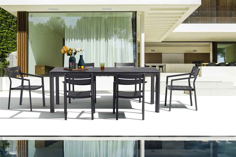 Mesa de comedor Boori 200x90 cm aluminio antracita top mesa porcelánico negro | Kubu #