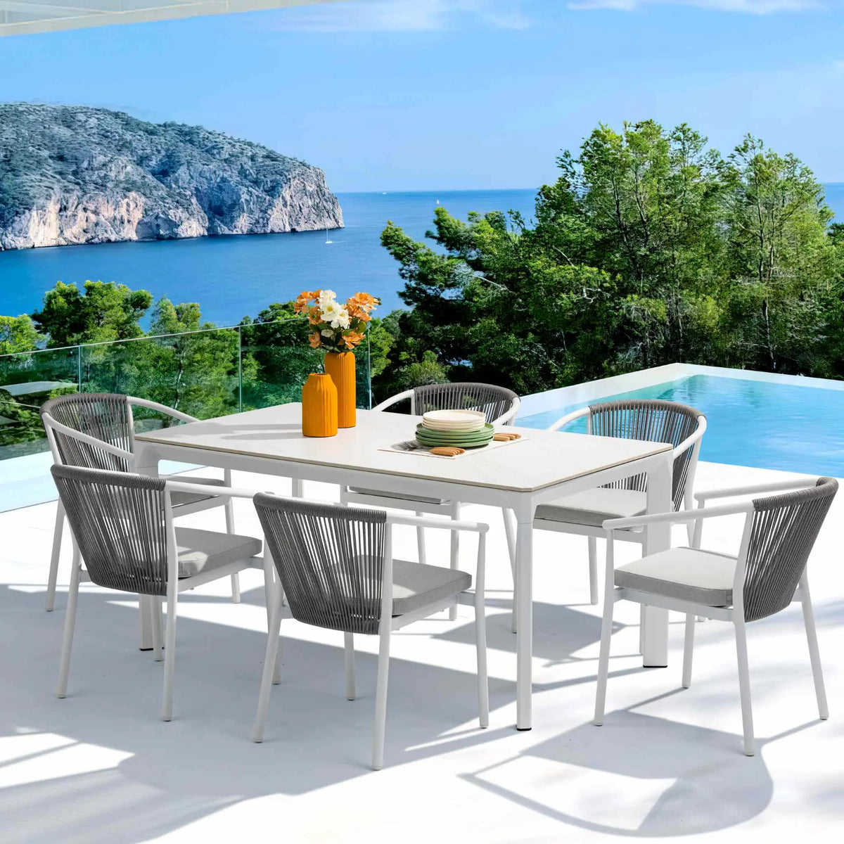 Mesa de comedor Boori 200x90 cm aluminio y top mesa porcelánico blanco | KUBU #