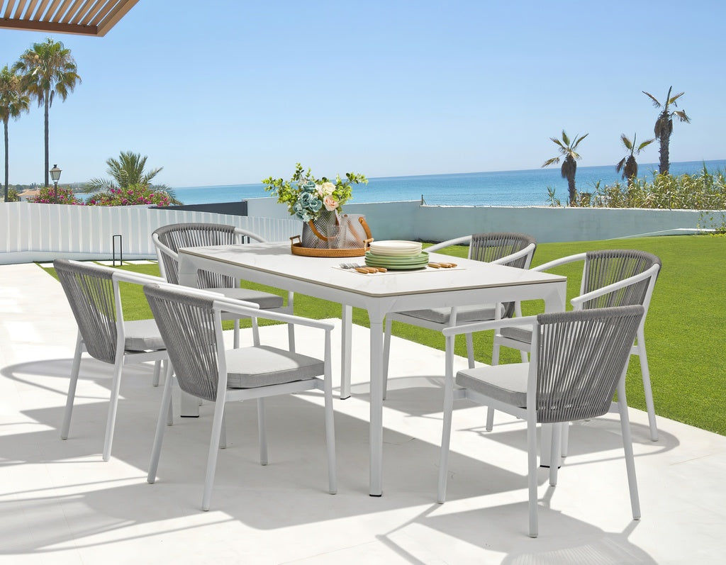 Mesa de comedor Boori 200x90 cm aluminio y top mesa porcelánico blanco | Kubu #