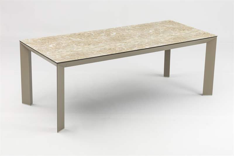 Mesa de comedor Orick 210*90 cm aluminio taupe y cristal cerámico beige. | Kubu #