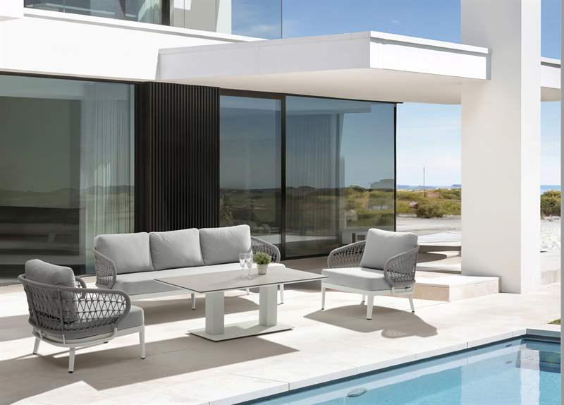 Mesa elevable Isabela 140x75x50/74  aluminio antracita con cristal cerámico gris claro. | Kubu #