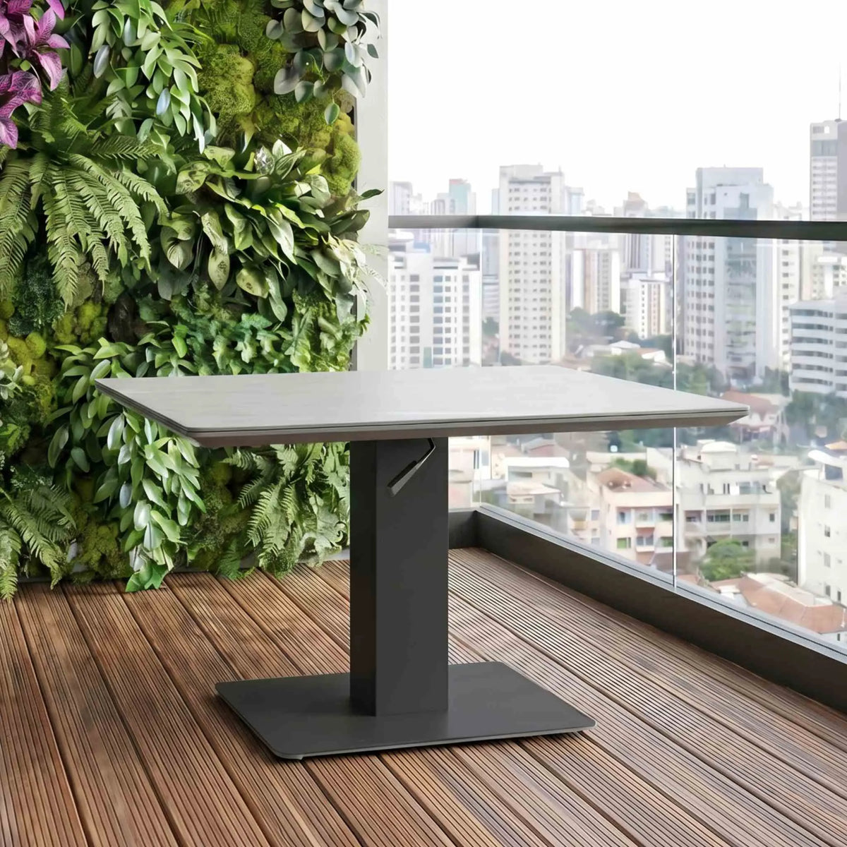 Mesa elevable Isabela 90x90x50/74 | Aluminio antracita con cristal cerámico gris claro | KUBU #