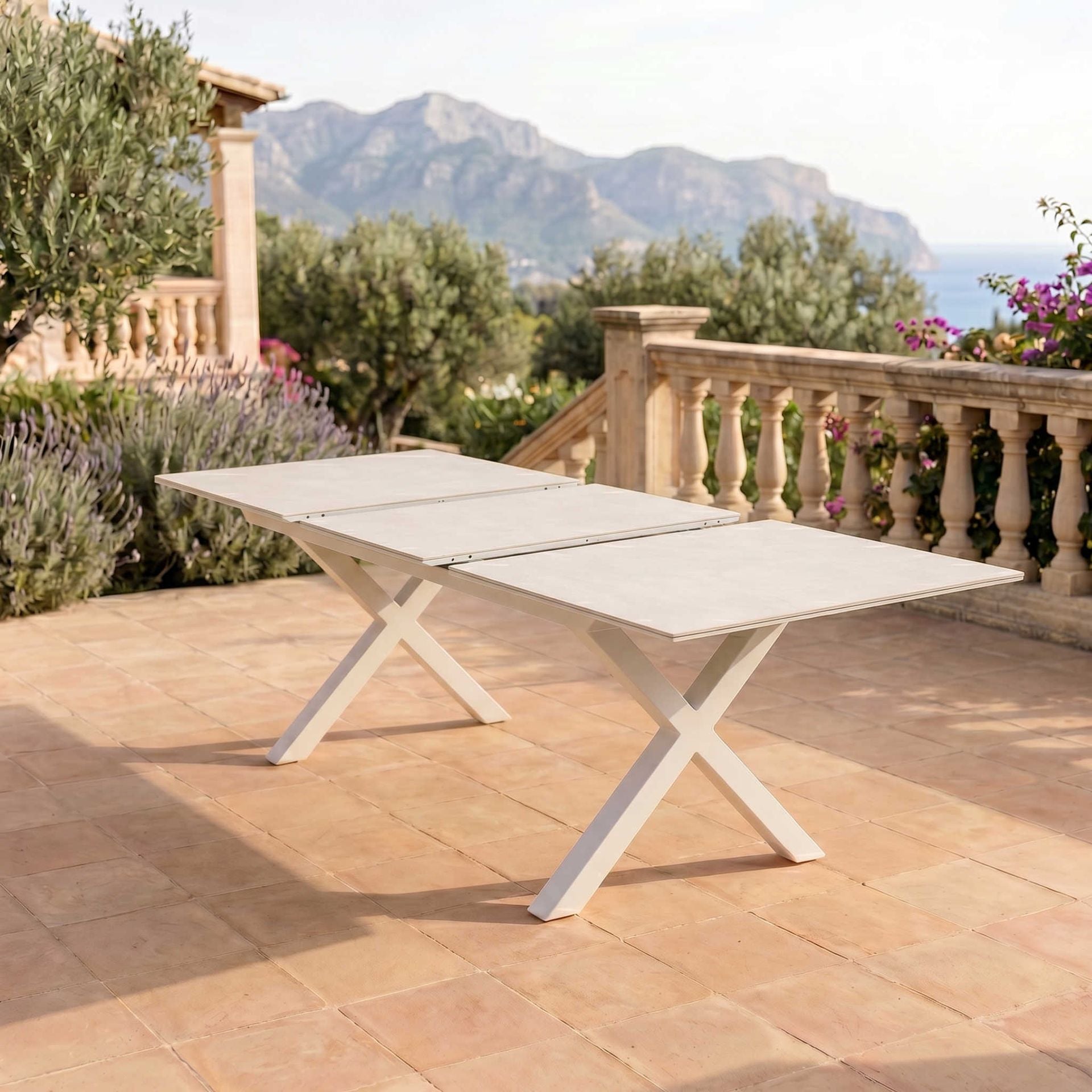 Mesa extensible Carson 100x180/240 cm aluminio blanco top mesa porcelánico gris | Kubu #