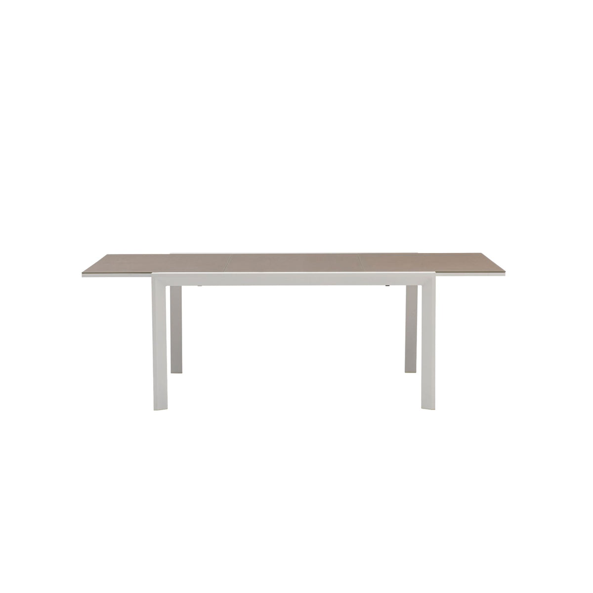 Mesa extensible ORICK 100 x 150/225 cm aluminio blanco y cristal taupe | KUBU #