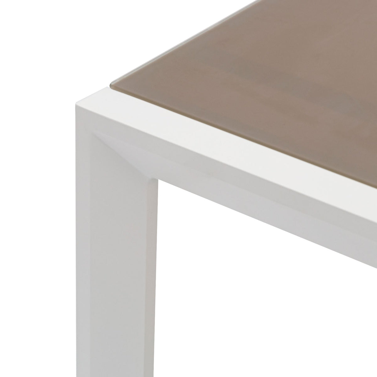 Mesa extensible ORICK 100 x 150/225 cm aluminio blanco y cristal taupe | KUBU #