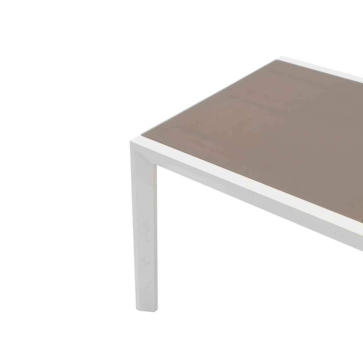 Mesa extensible ORICK 100 x 150/225 cm aluminio blanco y cristal taupe | KUBU #