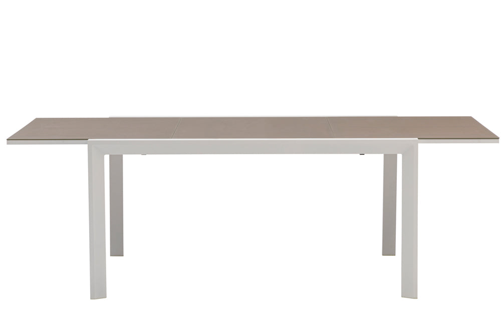 Mesa extensible ORICK 100 x 150/225 cm aluminio blanco y cristal taupe
