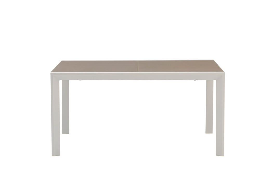 Mesa extensible ORICK 100 x 150/225 cm aluminio blanco y cristal taupe