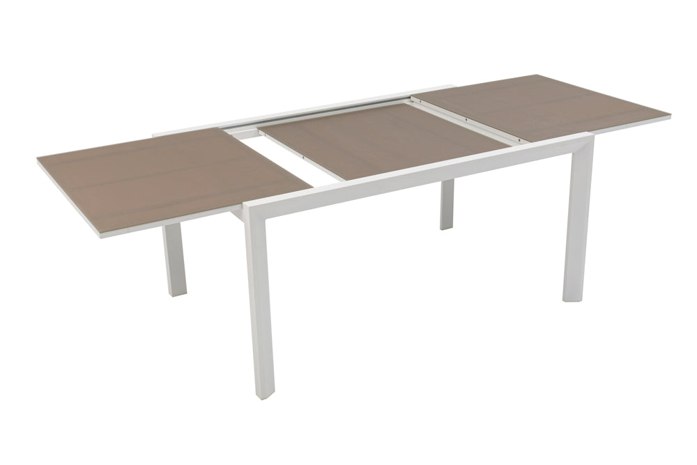 Mesa extensible ORICK 100 x 150/225 cm aluminio blanco y cristal taupe