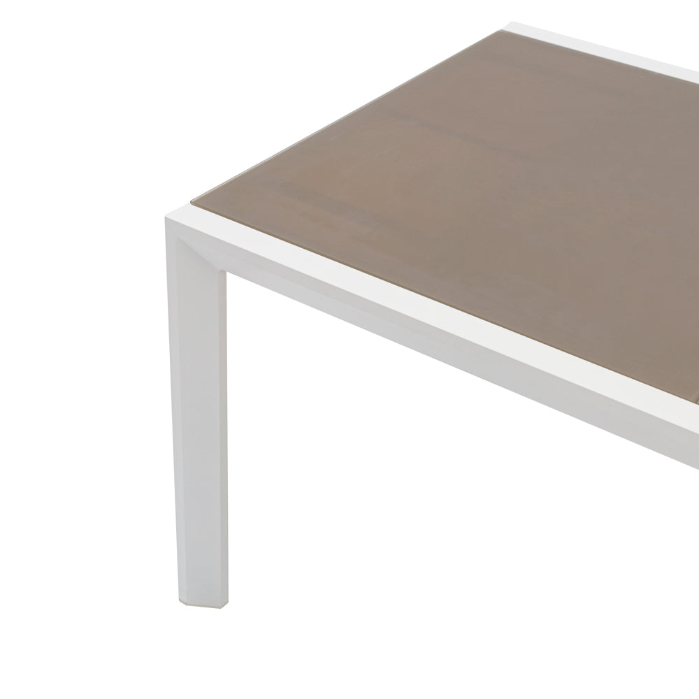 Mesa extensible ORICK 100 x 150/225 cm aluminio blanco y cristal taupe
