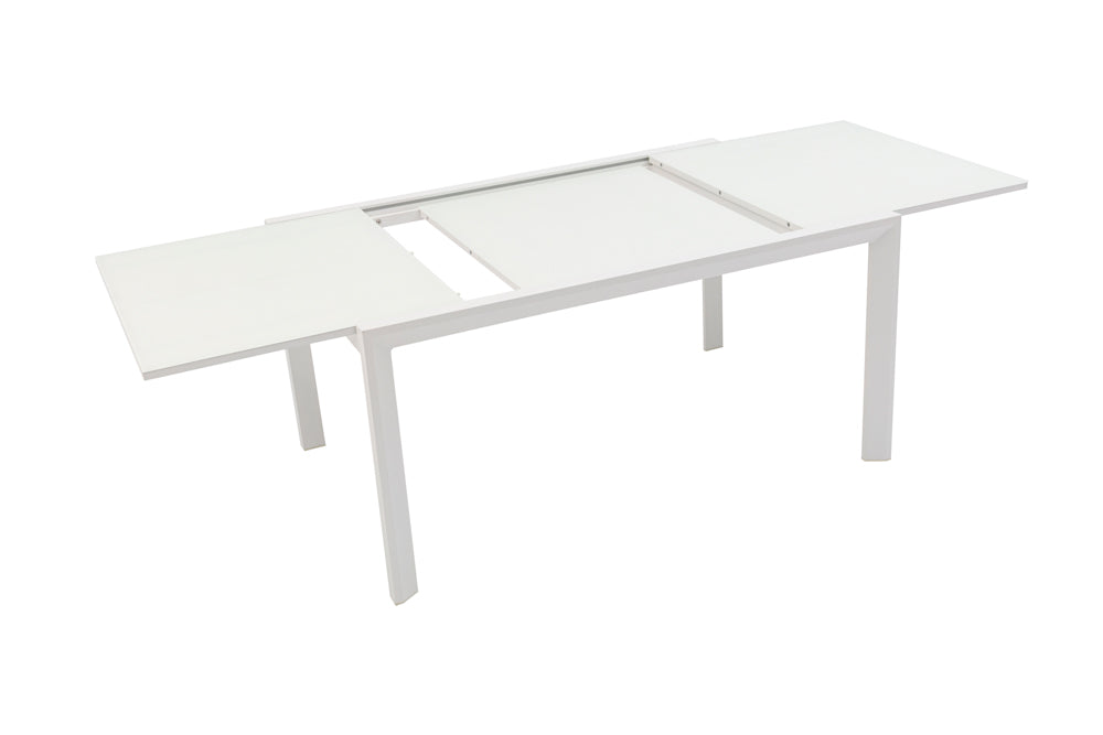Mesa extensible ORICK 100 x 150/225 cm aluminio y cristal blanco