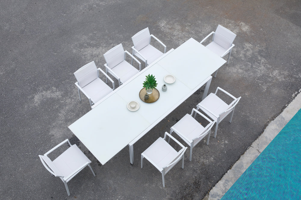 Mesa extensible ORICK 100 x 150/225 cm aluminio y cristal blanco