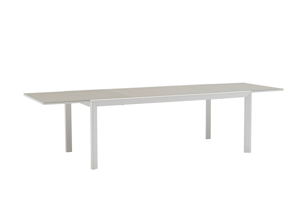 Mesa extensible ORICK 100 x 200/300 cm aluminio blanco y cristal gris claro