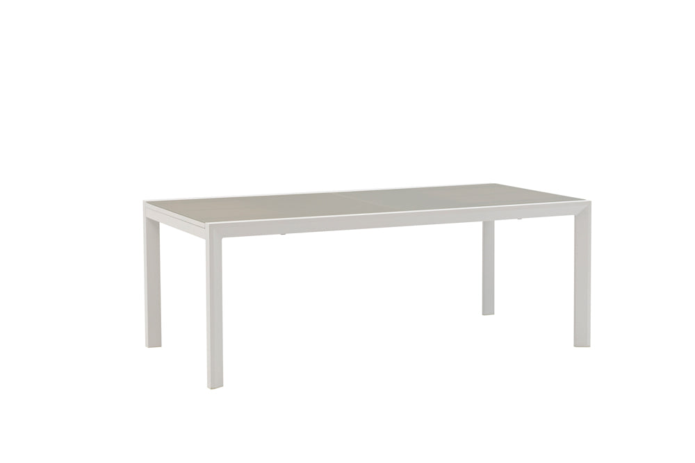 Mesa extensible ORICK 100 x 200/300 cm aluminio blanco y cristal gris claro