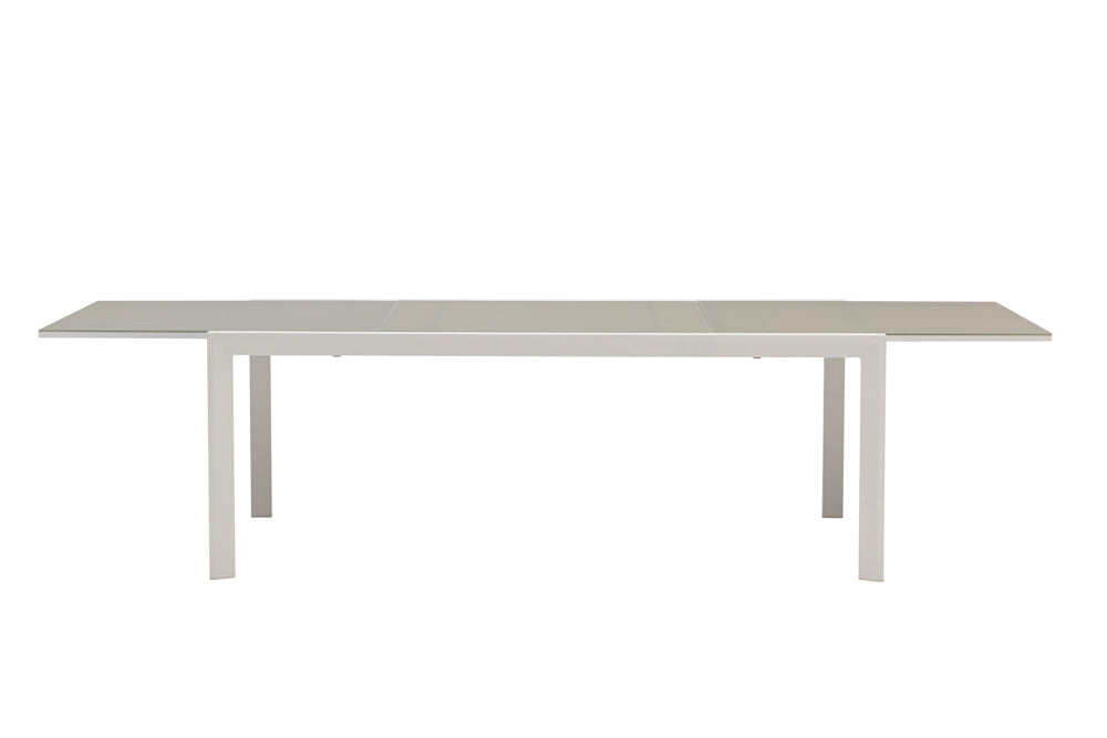 Mesa extensible ORICK 100 x 200/300 cm aluminio blanco y cristal gris claro