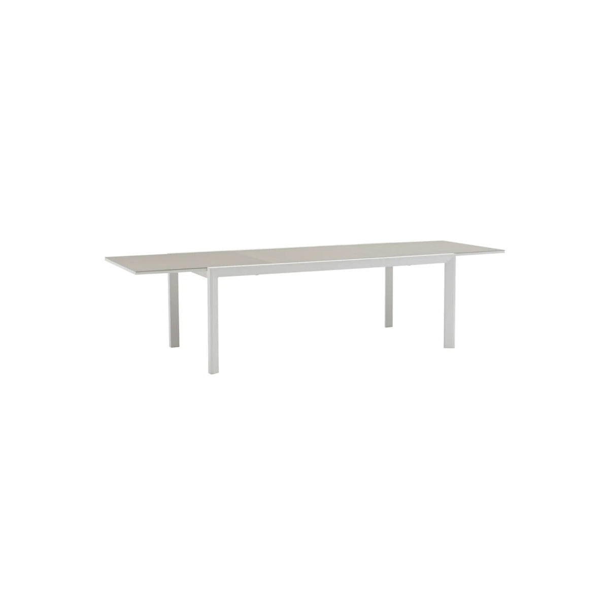 Mesa extensible ORICK 100 x 200/300 cm aluminio blanco y cristal taupe | KUBU #