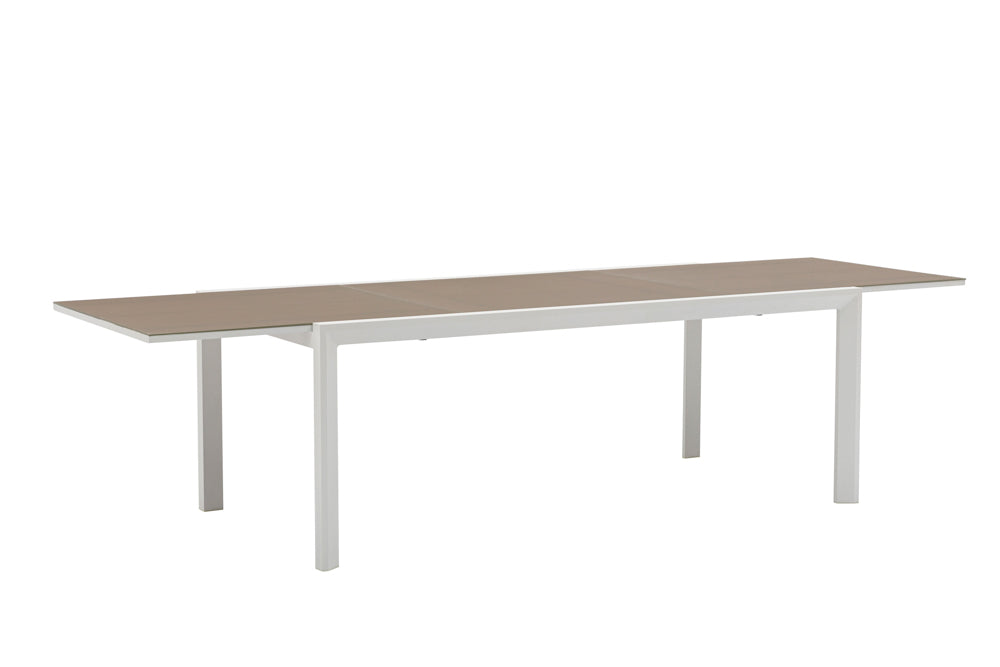 Mesa extensible ORICK 100 x 200/300 cm aluminio blanco y cristal taupe