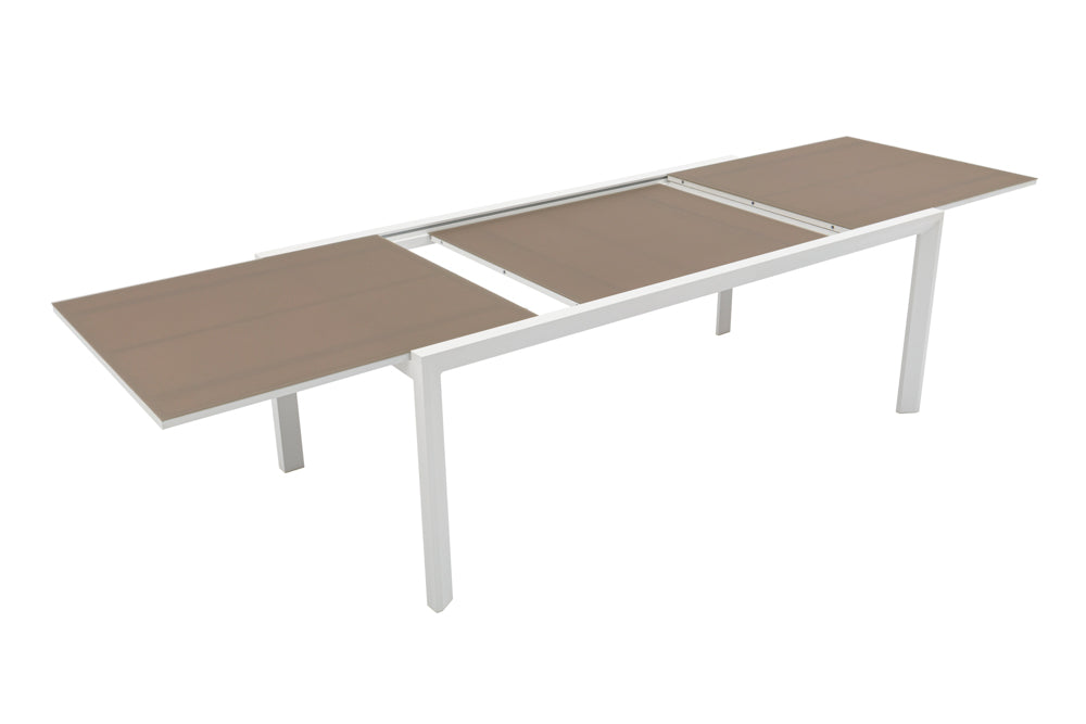 Mesa extensible ORICK 100 x 200/300 cm aluminio blanco y cristal taupe