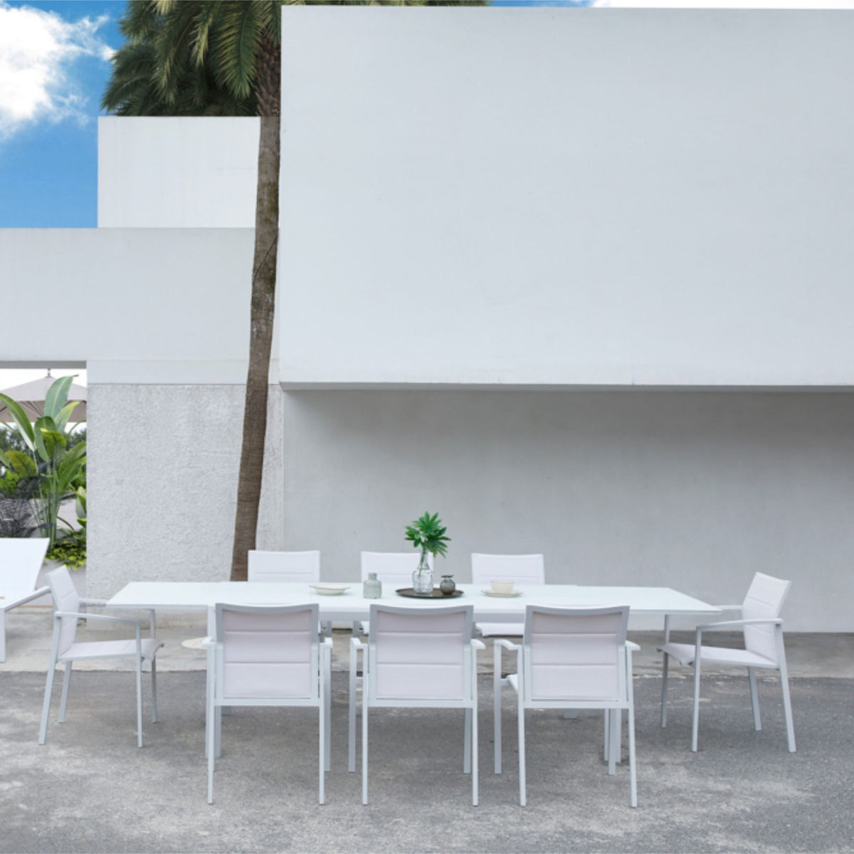 Mesa extensible ORICK 100 x 200/300 cm aluminio y cristal blanco | KUBU #