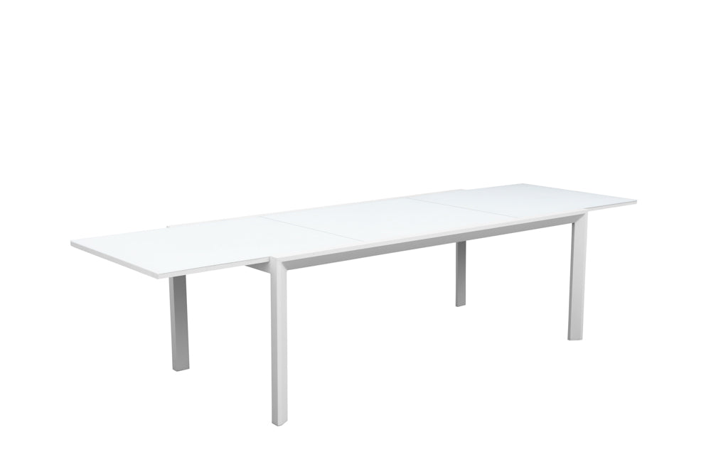 Mesa extensible ORICK 100 x 200/300 cm aluminio y cristal blanco