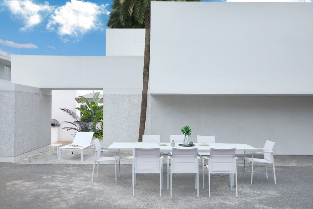 Mesa extensible ORICK 100 x 200/300 cm aluminio y cristal blanco