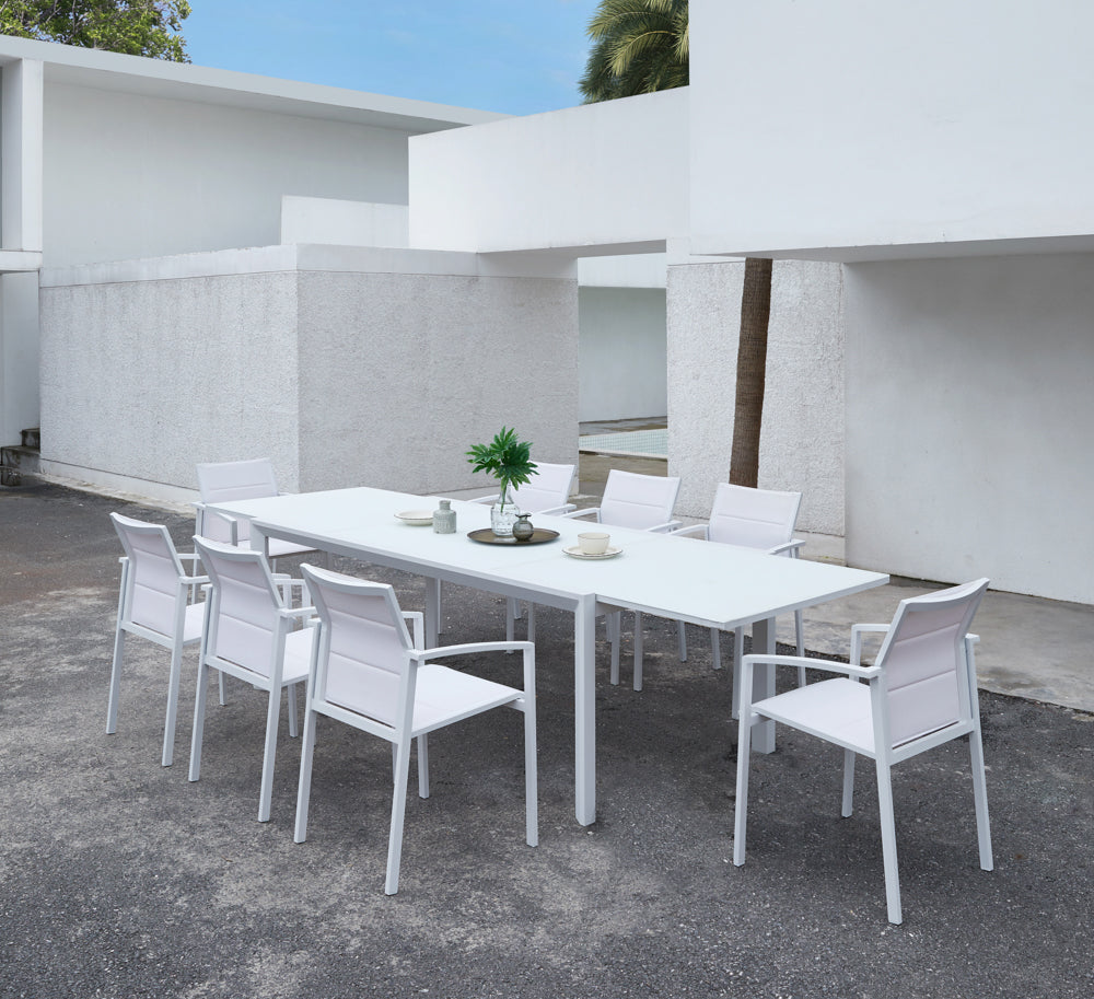 Mesa extensible ORICK 100 x 200/300 cm aluminio y cristal blanco