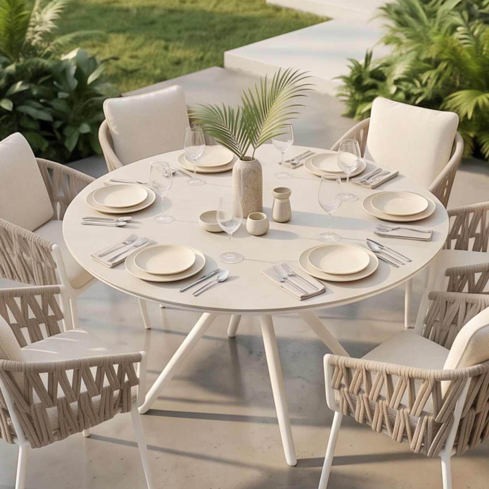 Mesa redonda Carson Ø 90 cm aluminio blanco top mesa porcelánico gris. | Kubu #
