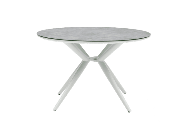 Mesa redonda Orick Ø 120 cm aluminio blanco cristal cerámico gris claro.