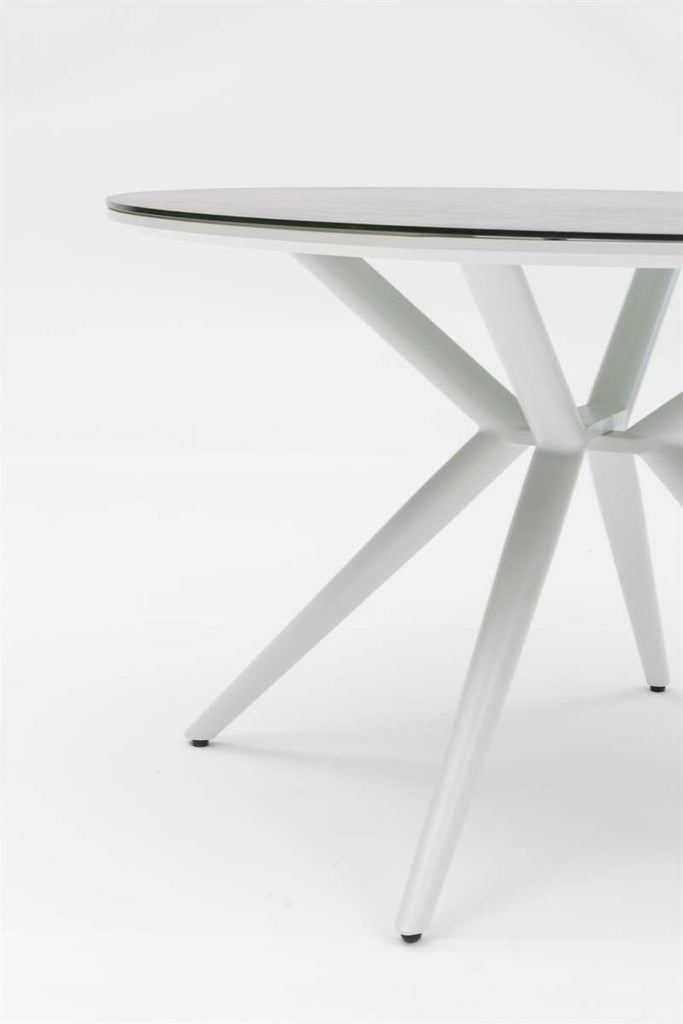 Mesa redonda Orick Ø 120 cm aluminio blanco cristal cerámico gris claro.