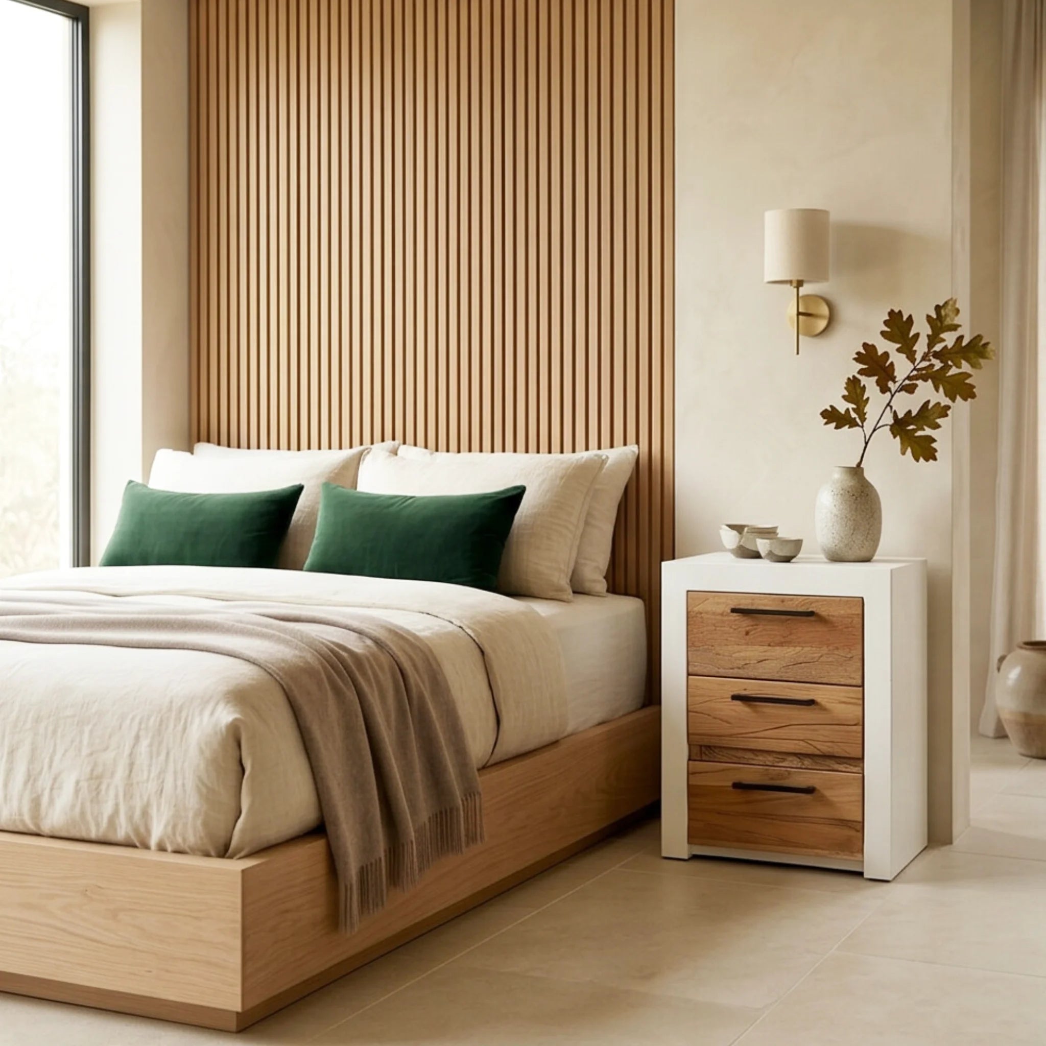 Mesita de Noche Mahón 50x35x60 cm | 3 Cajones de Acacia y Blanco Mate | KUBU #