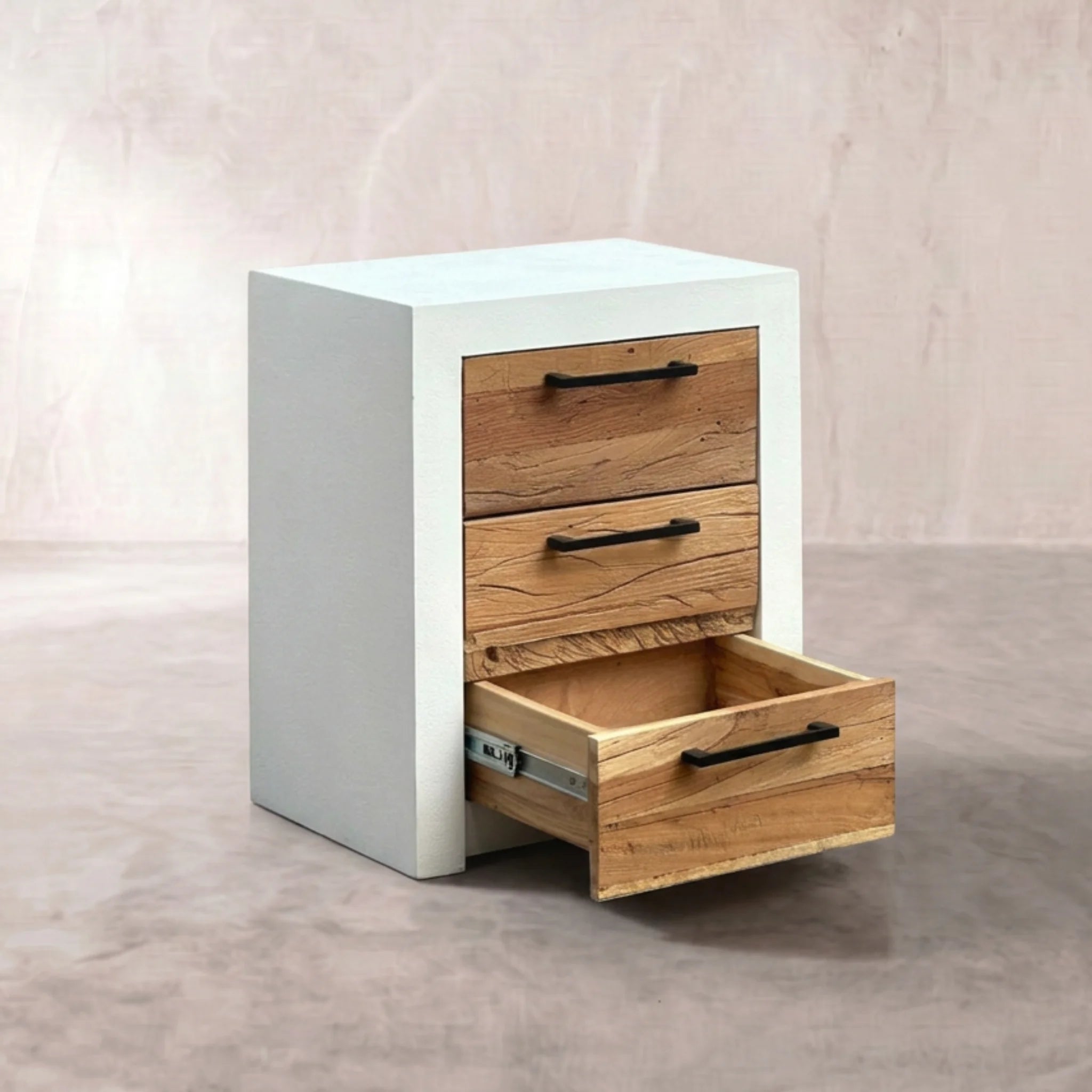 Mesita de Noche Mahón 50x35x60 cm | 3 Cajones de Acacia y Blanco Mate | KUBU #