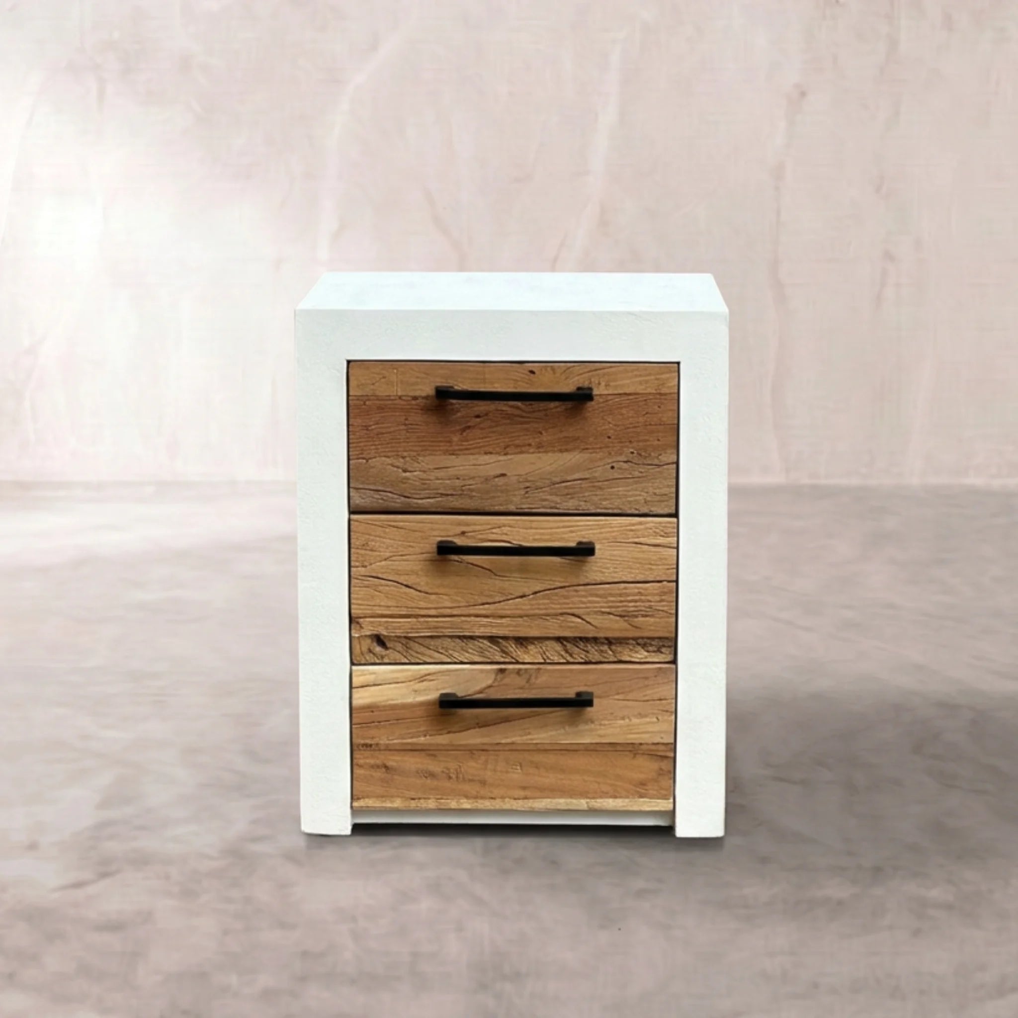 Mesita de Noche Mahón 50x35x60 cm | 3 Cajones de Acacia y Blanco Mate | KUBU #