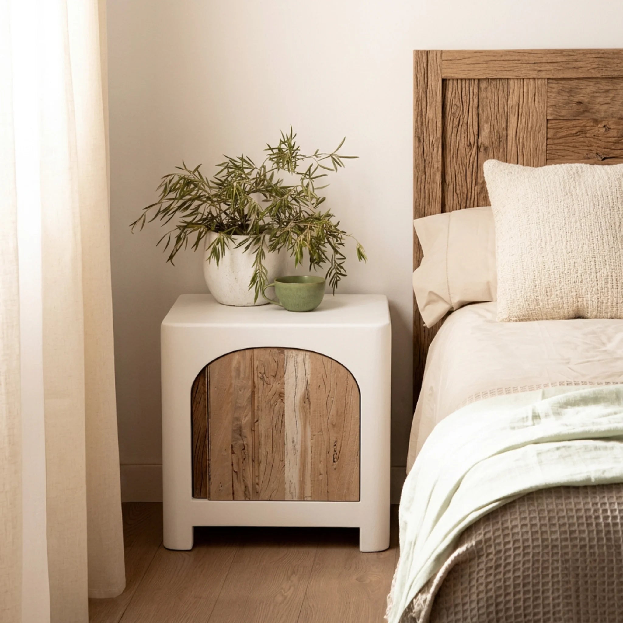 Mesita de noche Eivissa 45X40X45cm | Blanco Mate y Madera reciclada de Acacia | KUBU #